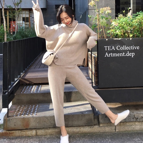 Casual Sweater Pants Knitted 2 Pieces Set Turtleneck Pullovers & Elastic Waist Pants Women Sweater Sets 2019 Autumn Knitted Set