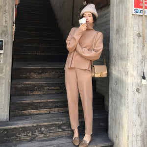 Casual Sweater Pants Knitted 2 Pieces Set Turtleneck Pullovers & Elastic Waist Pants Women Sweater Sets 2019 Autumn Knitted Set