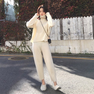 Casual Sweater Pants Knitted 2 Pieces Set Turtleneck Pullovers & Elastic Waist Pants Women Sweater Sets 2019 Autumn Knitted Set