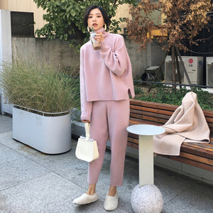 Casual Sweater Pants Knitted 2 Pieces Set Turtleneck Pullovers & Elastic Waist Pants Women Sweater Sets 2019 Autumn Knitted Set